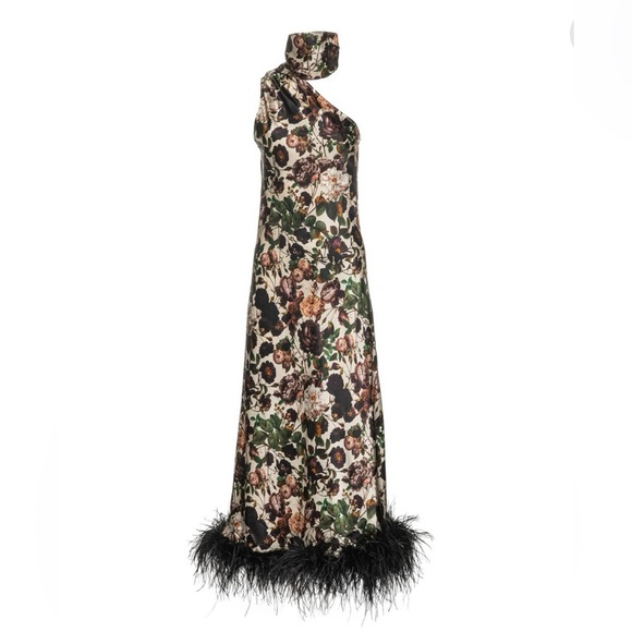 Vasiliki Dresses & Skirts - Worn Once | Vasiliki Atelier Liya Asymmetric Silk Maxi Dress with Faux Feather